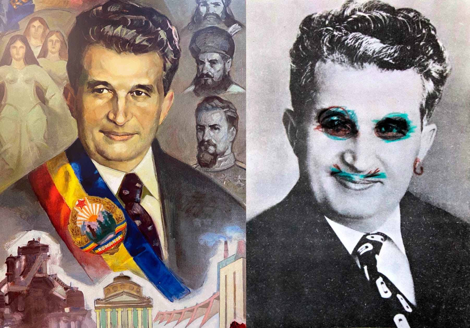 (Left): “The Genius of the Carpathians” – one of Nicolae Ceaușescu’s many personality cult posters from his time as leader. (Right): Ceauşescu’s image appeared at the front of most books published in Romania during his period in power.  This example was defaced after his fall from power by the owner of the book, a 1983 scientific manual issued by the Ministry of Education and Training.  