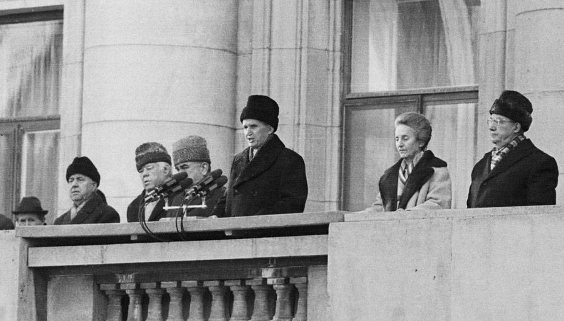 Nicolae Ceaușescu, centre, with his wife Elena, delivering his final address to the masses on 21st December 1989 from the balcony of the Communist Party’s Central Committee building in central Bucharest.