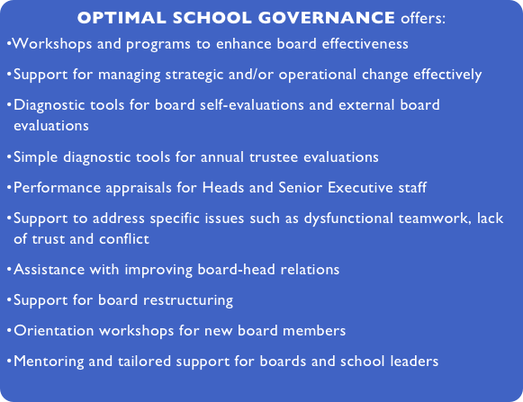 OPTIMAL SCHOOL GOVERNANCE offers:
Workshops and programs to enhance board effectiveness
Support for managing strategic and/or operational change effectively
Diagnostic tools for board self-evaluations and external board evaluations
Simple diagnostic tools for annual trustee evaluations
Performance appraisals for Heads and Senior Executive staff
Support to address specific issues such as dysfunctional teamwork, lack of trust and conflict
Assistance with improving board-head relations
Support for board restructuring
Orientation workshops for new board members
Mentoring and tailored support for boards and school leaders
