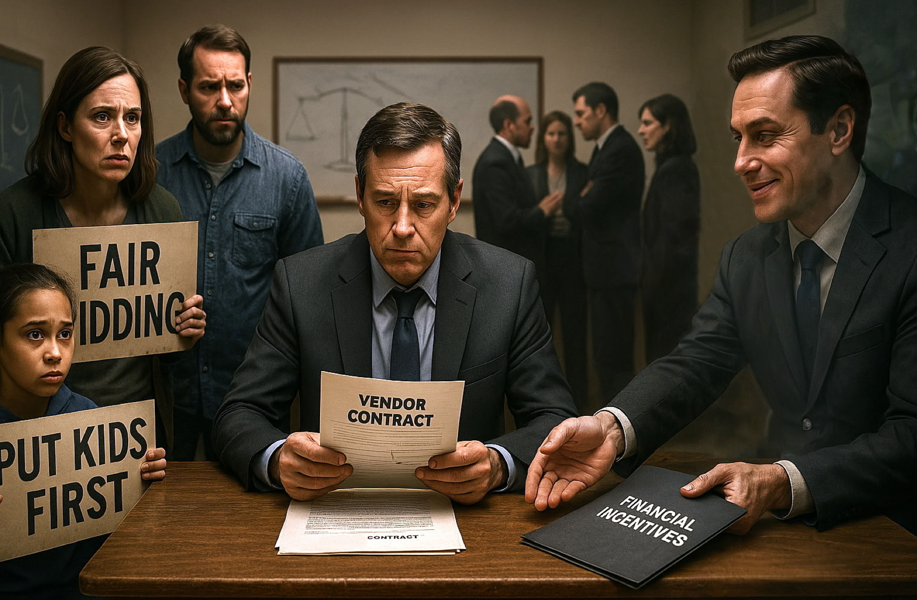 A high school debating competition between two schools in which a team of three 14 or 15 year old girls wearing their school uniforms is competing against a team of three 14 or 15 year old boys wearing their school uniforms in a crowded hall.  The view shows one of the three three girls standing and speaking in an animated manner.