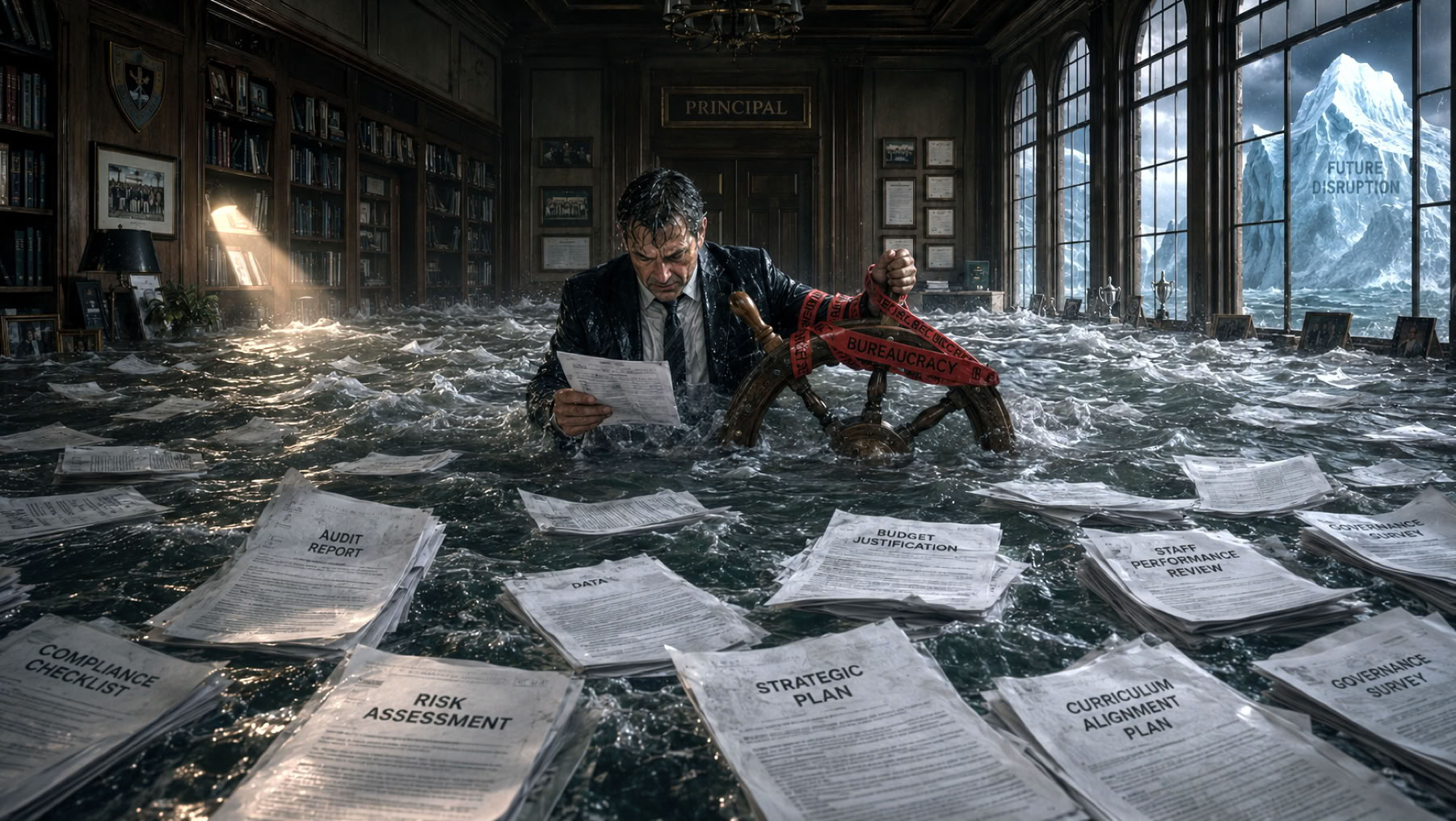 A school principal struggles to lead the school while drowning in bureaucracy and external compliance requirements
