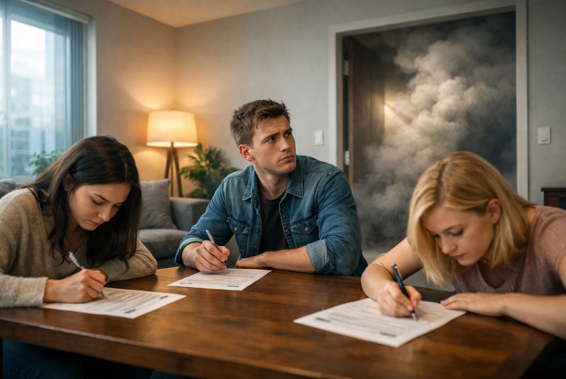 A photorealistic, wide-angle shot of a modern, minimalist office. Three young adults, two women and one man in their early 20s, are seated around a low, wooden rectangular table. They are intensely focused on filling out paper questionnaires with pens. The atmosphere is quiet and studious, lit by the soft, warm glow of a floor lamp in one corner and the cool, diffused light of a cloudy afternoon coming from a large window. Through an open doorway in the background, visible on the right side of the frame, thick, ominous grey smoke is billowing into the room, curling along the ceiling and beginning to descend. One woman, who is facing the doorway, has stopped writing and is looking over her shoulder directly at the smoke, her brow furrowed in confusion and a slight frown. The other woman and the man, remain completely oblivious, their heads bowed, focused solely on their questionnaires. Shafts of light cut through the smoke in the doorway, highlighting its texture. Style: Photorealistic, 8k resolution, hyper-detailed, cinematic lighting, shot on a 35mm lens with a shallow depth of field to keep the group in focus while slightly softening the smoke in the background. Here's a breakdown of the crucial components: 1. The Setting (The Stage) Location: A "modern, minimalist apartment living room." Think clean lines, simple furniture, maybe a plant, and neutral wall colors. This creates a calm, everyday contrast to the intrusion of the smoke. Lighting: This is critical for photorealism. Use "volumetric lighting" or "god rays" to describe the light beams interacting with the smoke. The combination of "warm" artificial light and "cool" natural light adds depth and realism. The Doorway: Place it clearly in the background on the right. It needs to be an open doorway, not just a hall, so the smoke has a defined entry point. 2. The Characters (The People) Group Dynamics: Specify "three young adults" and give them distinct features (e.g., "one with long dark hair, another with short blonde hair") to make them look like different individuals, not clones. The Confused Man: He is the key to the story. He needs to be positioned so he can see the doorway. His expression is "confused," not terrified. A furrowed brow and a questioning look are perfect. The Focused Women: They are the counterpoint. Their body language (heads bowed, shoulders slightly hunched over the table) should convey deep concentration, making their ignorance of the smoke believable. 3. The Action & The Anomaly (The Story) The Questionnaire: They are "filling in paper questionnaires with pens." This explains their focus. The papers should be visible on the table. The Smoke: This is the "character" in the background. It's "thick, ominous grey smoke" that is "billowing" and "curling." Using words like "texture" helps the AI render it realistically. It's important to specify it's only smoke, not fire, to keep the scene from becoming a disaster movie. 4. The Technical Aspects (The Photographer's Eye) Perspective: "Wide-angle shot" sets the scene and allows us to see both the group and the doorway. Depth of Field: "Shallow depth of field" is a photography term that tells the AI to keep the main subjects (the three people) sharp and in focus, while the background (the smoke) is slightly softer, drawing your eye to the people first, then to the anomaly. Resolution & Style: "Photorealistic, 8k" pushes the AI to create a high-fidelity, detailed image.