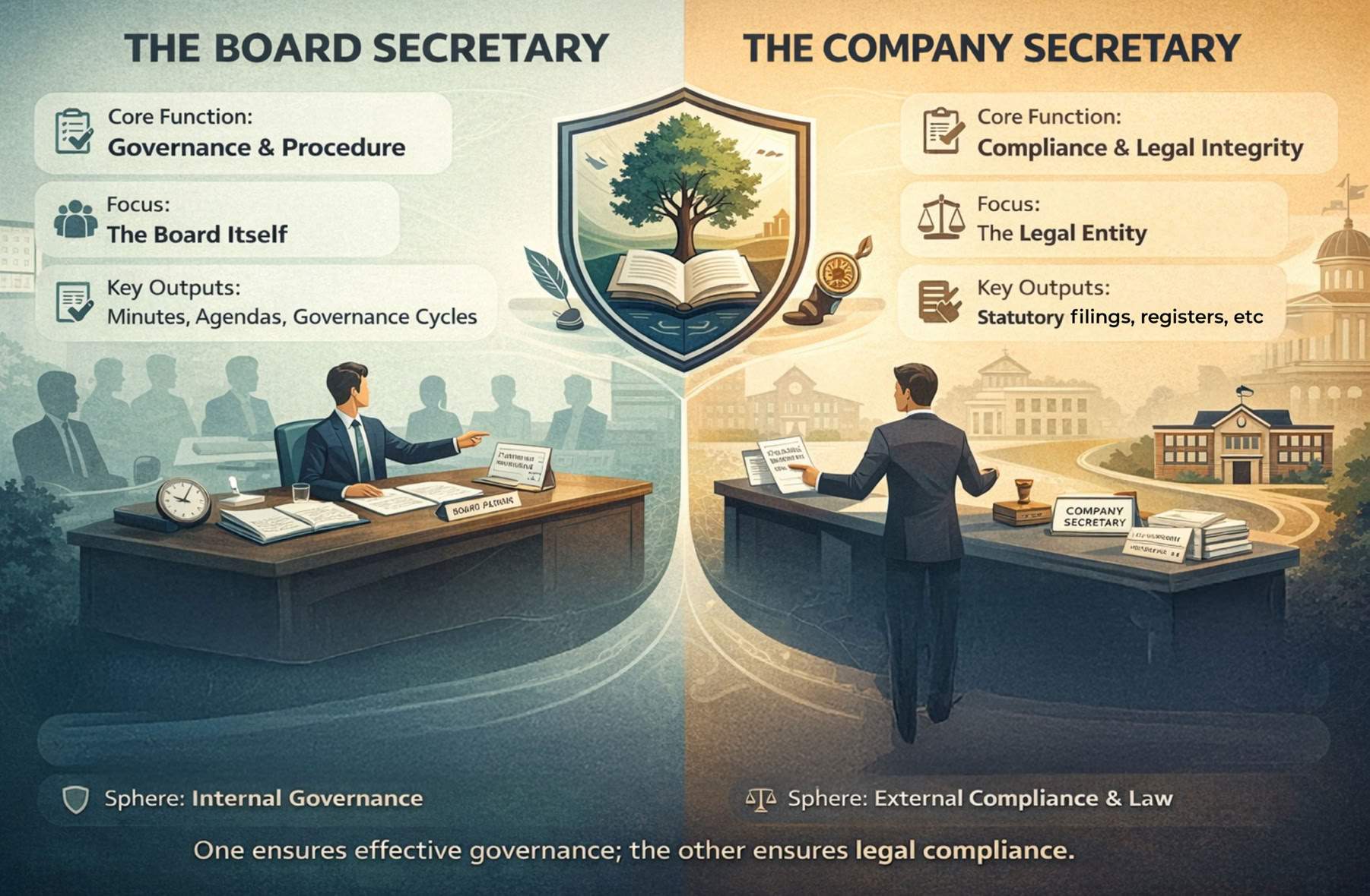 The image illustrates the differences between the role of the Board Secretary and the Company Secretary on a school board using the following instructions:. Image Format: Landscape (16:9) Style: Clean, modern infographic style with symbolic, split-frame imagery. Use a cohesive color palette: perhaps blues/greens (for governance/education) with contrasting accent colors (e.g., deep blue for internal focus, amber for external/compliance). Overall Composition: Divide the canvas vertically into two distinct halves, separated by a central, stylized school emblem (e.g., a shield, tree, or book) that bridges both sides. Left Half: THE BOARD SECRETARY Primary Visual Metaphor: A meeting table in a school library or boardroom. The focus is on people, discussion, and governance within the school community. Key Elements: 1. Central Figure: A person (gender-neutral) sits at the head of a table, actively facilitating a discussion. They are pointing to a meeting agenda document titled "Board Pack." 2. Table Elements: On the table: o An open minute book with handwritten notes. o A copy of the School's Constitution/Charter. o A clock, symbolizing timelines and terms of office. o A nameplate that says "Board Secretary." 3. Background/Periphery: Silhouettes of other board members (diverse) around the table. On a wall, a calendar with key governance dates circled (AGM, Board Elections). 4. Iconography & Labels (floating subtly near relevant elements): o Core Function: Governance & Procedure o Focus: The Board Itself o Key Outputs: Minutes, Agendas, Governance Cycles o Accountable to: The Board Chair & Board Members o Sphere: Internal Governance Right Half: THE COMPANY SECRETARY Primary Visual Metaphor: A bridge or intersection connecting the school building to external institutions. The focus is on compliance, legal frameworks, and external interfaces. Key Elements: 1. Central Figure: A different person (gender-neutral) stands at a desk that acts as a bridge. One hand holds a filing document going to an icon of “Legal Requirements”. The other hand points to a school building. 2. Desk/Bridge Elements: On the desk: o A stamp that says "Approved and Filed." o A legal ledger or tablet showing the Companies Act. o A nameplate that says "Company Secretary." o Stacked documents: "Annual Returns," "Financial Statements," "Director Updates." 3. Background/Periphery: On one side, a stylized school building. On the other, icons representing external entities: a government building, a scale of justice, a financial chart. 4. Iconography & Labels (floating subtly near relevant elements): o Core Function: Compliance & Legal Integrity o Focus: The Legal Entity (School Ltd/Inc) o Key Outputs: Statutory Filings, Legal Advice, Risk Registers o Accountable to: The Board (as a whole) & Regulatory Bodies o Sphere: External Compliance & Law Central Divider & Unifying Elements: • The school emblem in the center should incorporate symbols of both (e.g., a quill for minutes and a seal for legal authority). • Beneath the emblem, a key clarifying statement in bold: "One ensures effective governance; the other ensures legal compliance." • Use a subtle, flowing pattern (like interconnected lines or a roadmap) in the background to suggest that both roles are essential for the school's health and stability. Color & Tone: • Left (Board Secretary): Warmer, slightly softer tones (soft blue, charcoal). Focus on people and paper. • Right (Company Secretary): Sharper, more formal tones (deep blue, grey, with amber accents). Focus on documents and institutions. • Overall: Professional, clear, and authoritative, fitting for a governance document or training material. Objective: The viewer should instantly grasp that the Board Secretary is inwardly focused on board process, while the Company Secretary is outwardly focused on legal obligation—both critical to the school's operation.