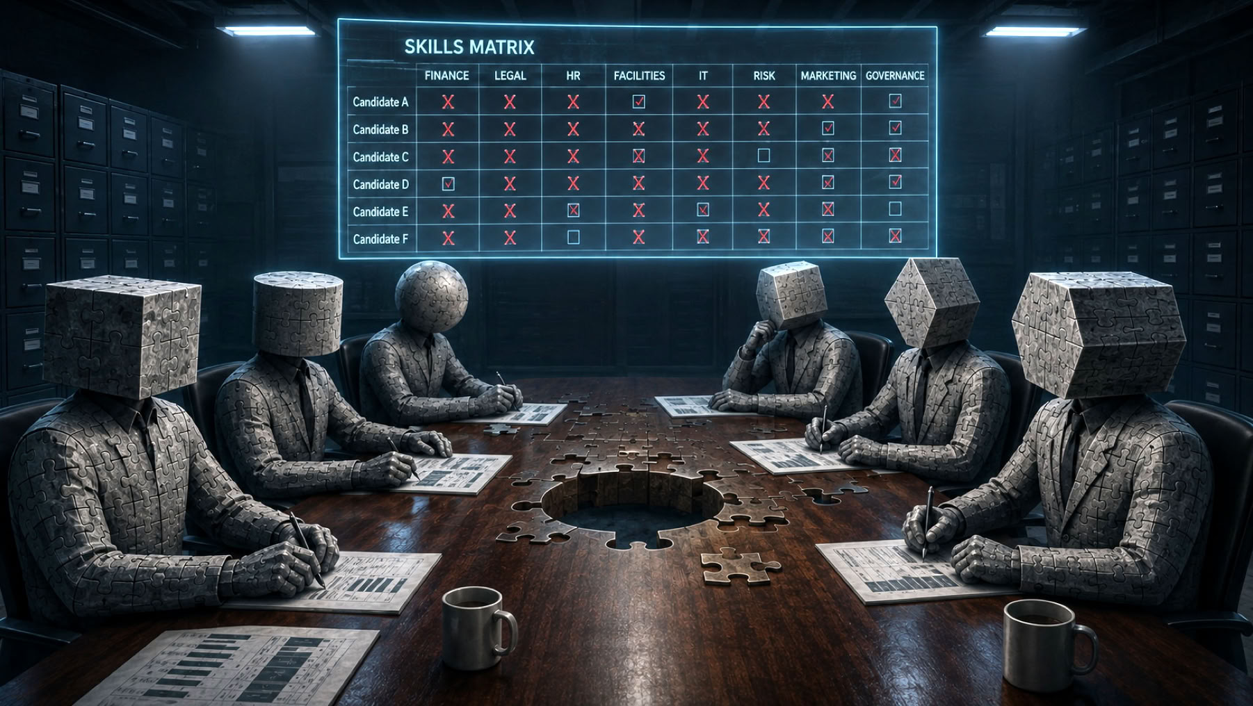 A cartoon showing the shortcomings of relying on a skills matrix to populate a school board.