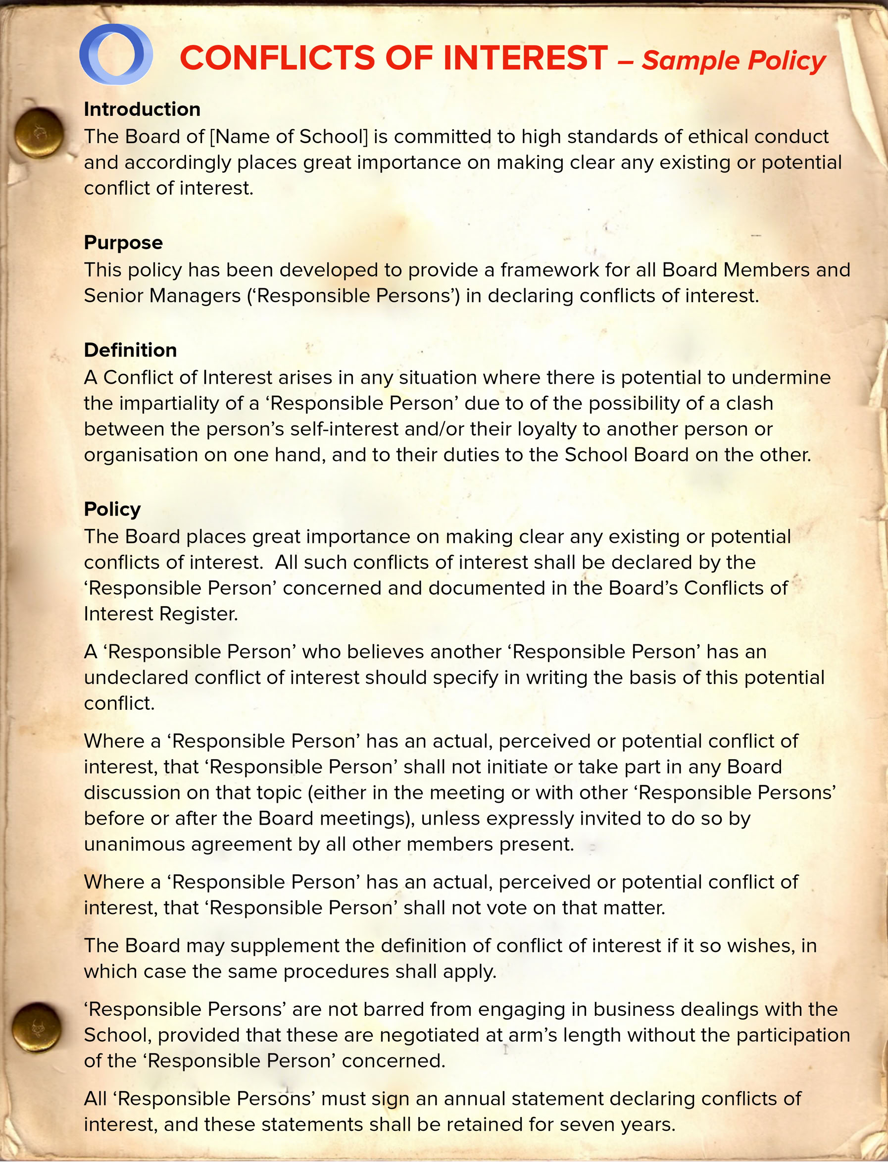 Conflicts of Interest Sample Policy.