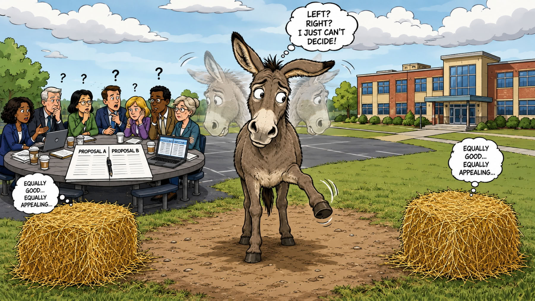 A cartoon showing Buridan's donkey with an indecisive school board.