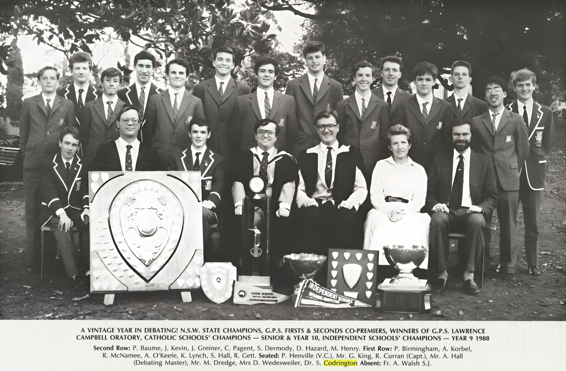 Championship debating teams at Saint Ignatius College Riverview in 1988.