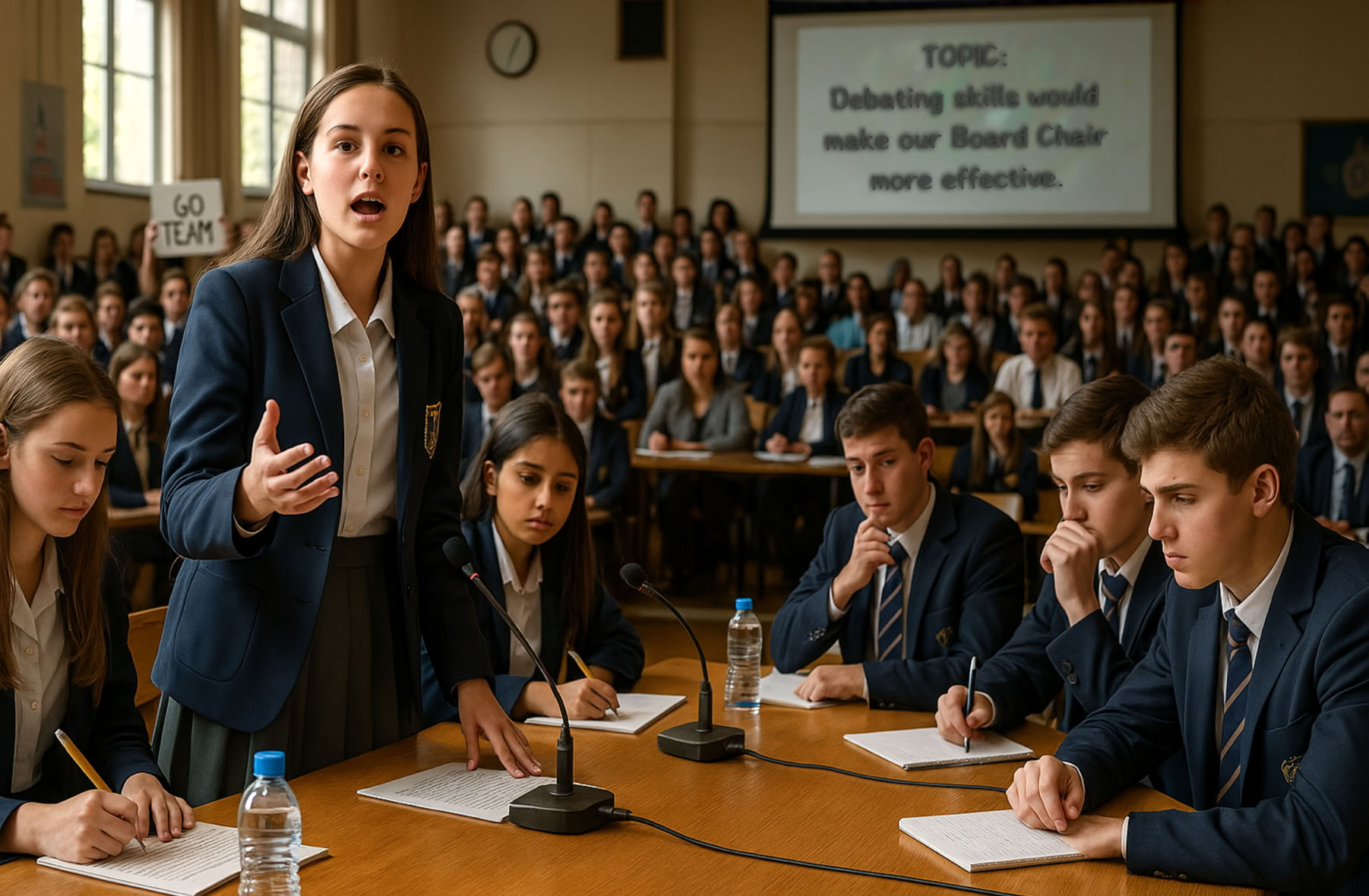 A high school debating competition between two schools in which a team of three 14 or 15 year old girls wearing their school uniforms is competing against a team of three 14 or 15 year old boys wearing their school uniforms in a crowded hall.  The view shows one of the three three girls standing and speaking in an animated manner.