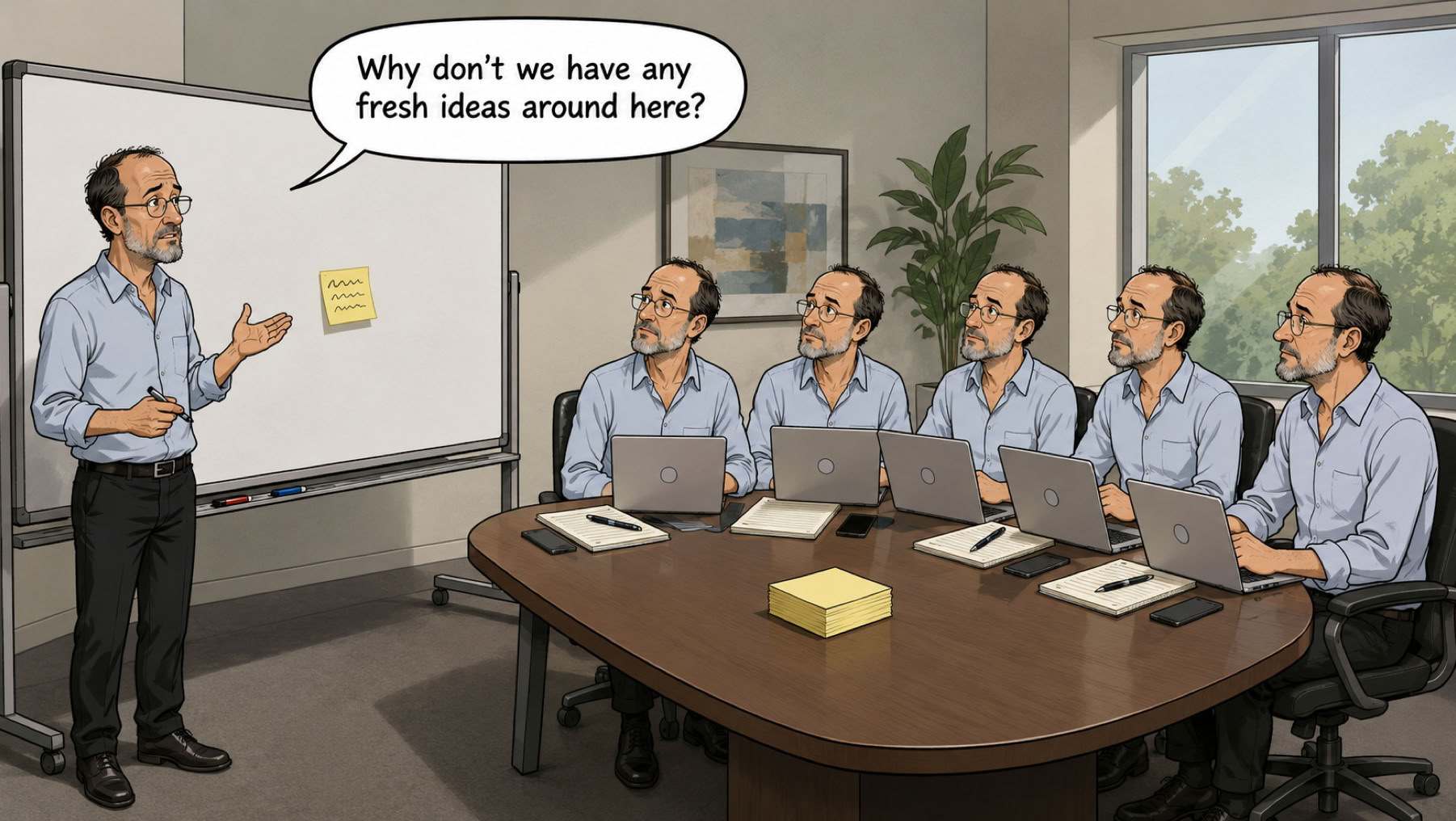 A cartoon showing groupthink in a school board.