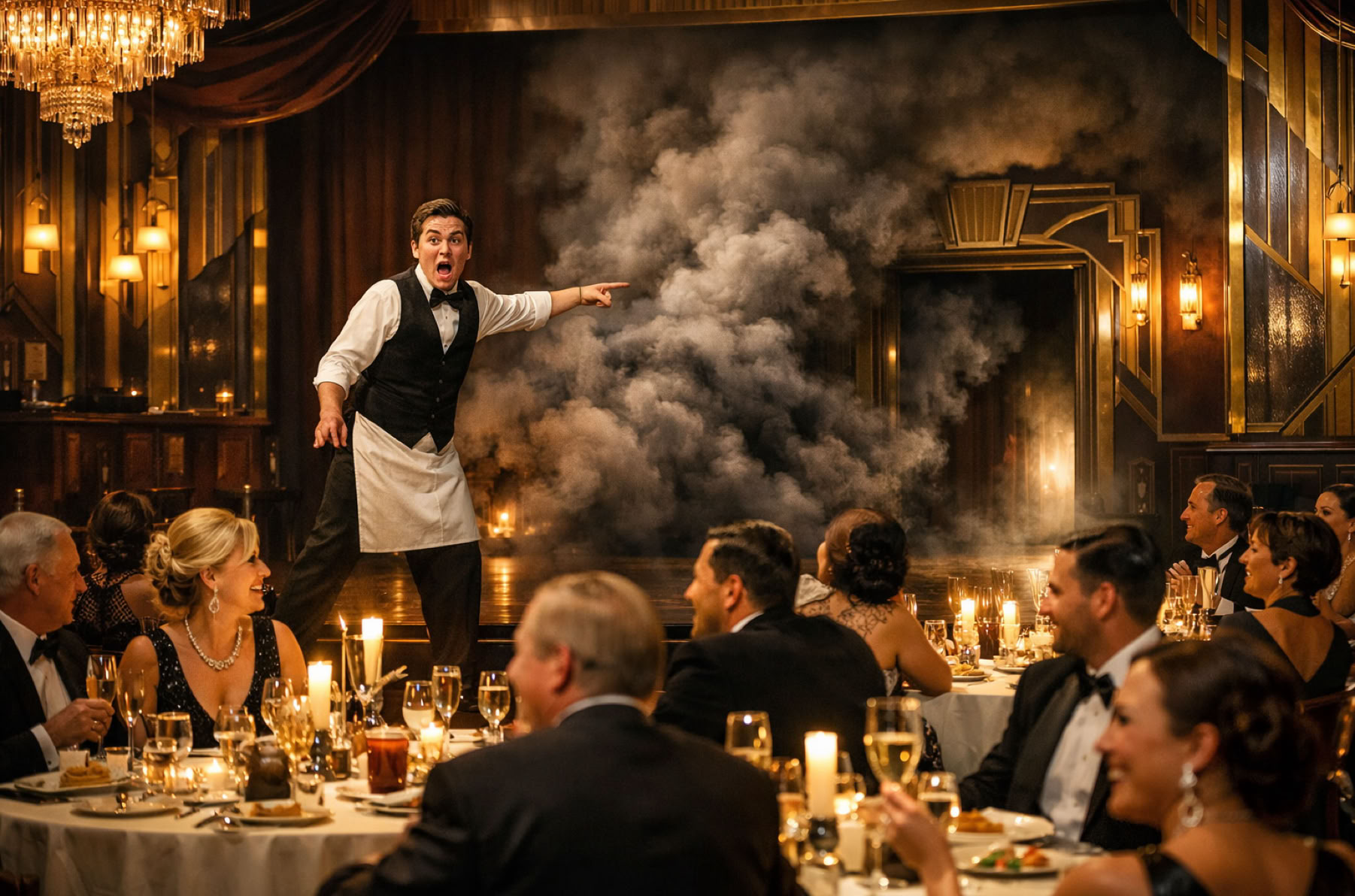 Photorealistic, landscape format (16:9). A grand, opulent cabaret-style dining room in the Art Deco style. In the foreground, a crowded room of elegantly dressed men and women in evening gowns and tuxedos are laughing, drinking champagne, and enjoying a lavish multi-course dinner at tables adorned with white linen and flickering candles. The warm, golden glow of the room illuminates their contented faces. On a large stage at the back of the room, a single young man in a waiter's uniform stands frozen, his face a mask of alarm and concern, one arm outstretched as if pointing or pleading. His gaze is fixed on the main entryway at the rear of the room, where thick, ominous plumes of grey and black smoke are billowing in from the hallway beyond, creating a stark and terrifying contrast to the warm interior. The diners are completely oblivious to the danger. Cinematic lighting, high contrast, 8k resolution, hyper-detailed, sharp focus.