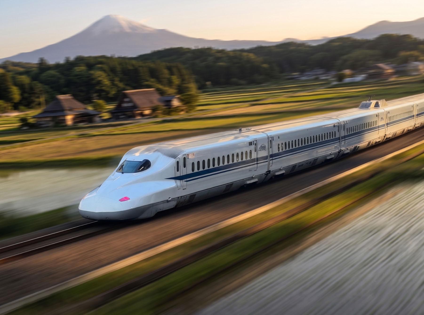A Japanese bullet train speeds through rural Japan