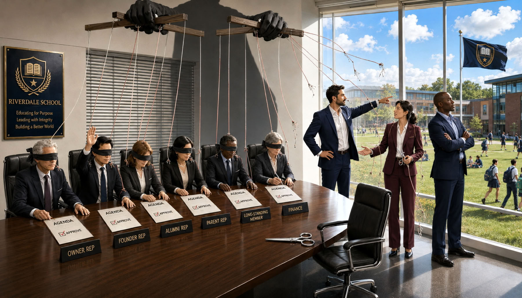 A visual interpretation  contrasting conflicted school board members as blind puppets compared with courageous independent directors.