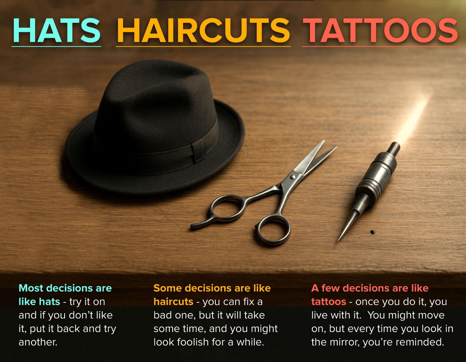 An explanation of the three types of decision-making known as hats, haircuts and tattoos.