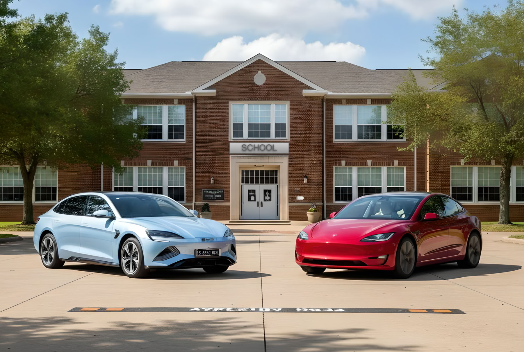 A light blue BYD and a red Tesla are parked "head to head" in front of a school building.
