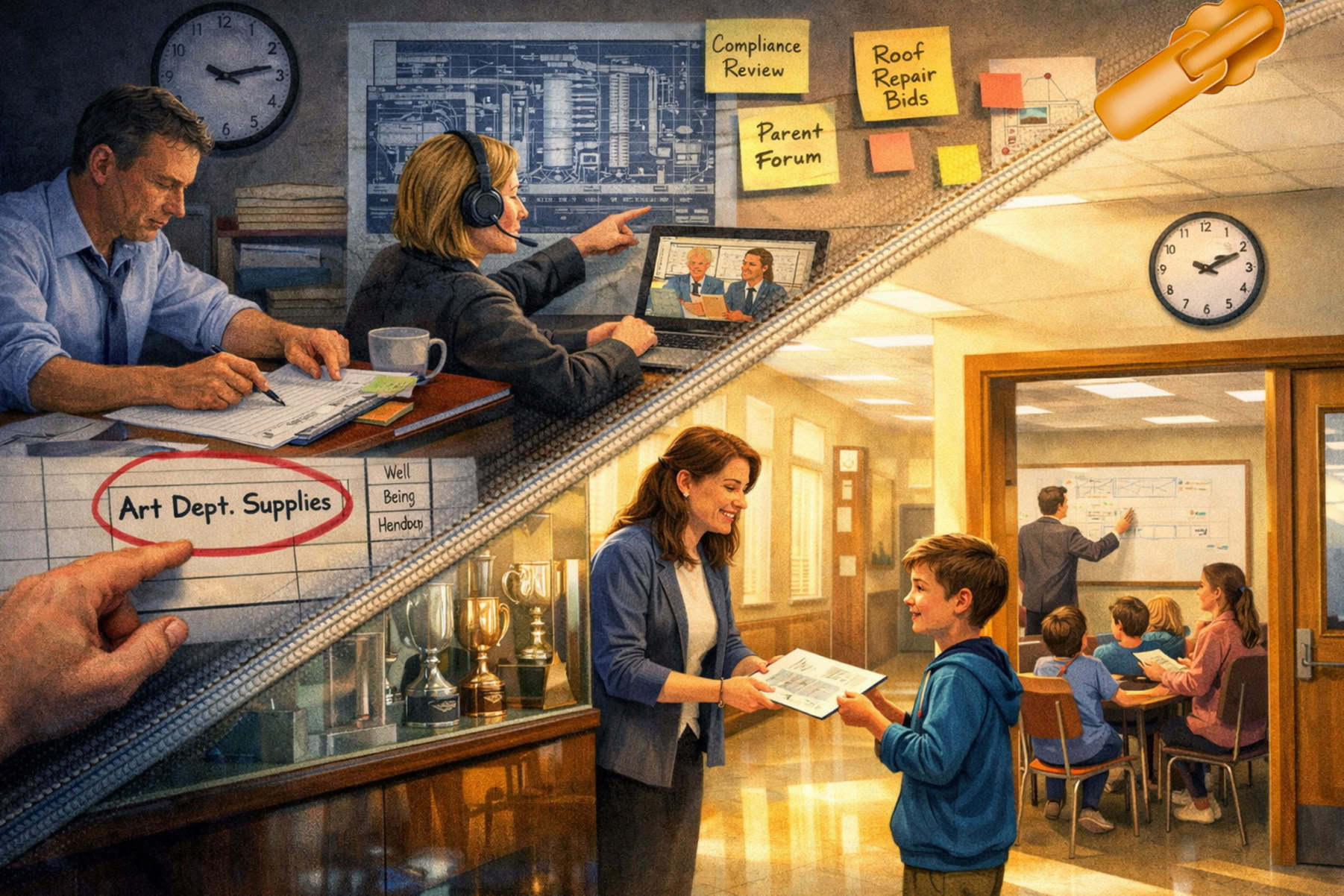 The picture is a split-frame illustration, divided diagonally from the top-left to the bottom-right. On the bottom-right side (the "surface"): We see a bright, sunlit school corridor in perfect order. A student is happily handing a teacher a crisp, completed project. A janitor smiles while polishing a streak-free trophy case. Through an interior classroom door window, we see engaged students with a teacher pointing to a neat whiteboard. The clock reads 10:05 AM. Everything radiates calm efficiency and learning. On the top-left side (the "foundation"): The scene shifts to a dim, pre-dawn school office. The same clock reads 6:15 AM. Here, the "diligence" is vividly shown: The male Headteacher (Principal), sleeves rolled up, is meticulously cross-referencing a budget spreadsheet with a staffing roster, a half-empty mug of tea beside him. The female Chair of Governors (Board Chair), on a laptop open to a policy document, is in a video call with a facilities manager, pointing to a blueprint of the school's aging boiler system. The Deputy Principal is carefully reviewing a file, her face etched with concentration, a handbook on well-being protocols open beside her. On a whiteboard behind them, a complex project timeline is mapped out, with sticky notes reading "Compliance Review," "Parent Forum," "Roof repair bids." The dividing line between the two halves is not a harsh cut, but rather a subtle, woven texture—suggesting the seamless fabric of the school day is woven from these threads of unseen labour. In the centre, where the two images merge, a symbolic visual link exists: the happy student's project in the sunny corridor is directly aligned with the Headteacher’s budget sheet, on which a line item for "Art Dept. Supplies" is circled. The janitor's shiny floor in the lower half reflects the light from the screen showing the boiler blueprint in the upper half. The overall message: The tranquil, productive "everyday smoothness" below is literally and figuratively supported by the diligent, detailed, pre-dawn work of the senior leaders and board above. The picture illustrates that the former cannot exist without the latter.