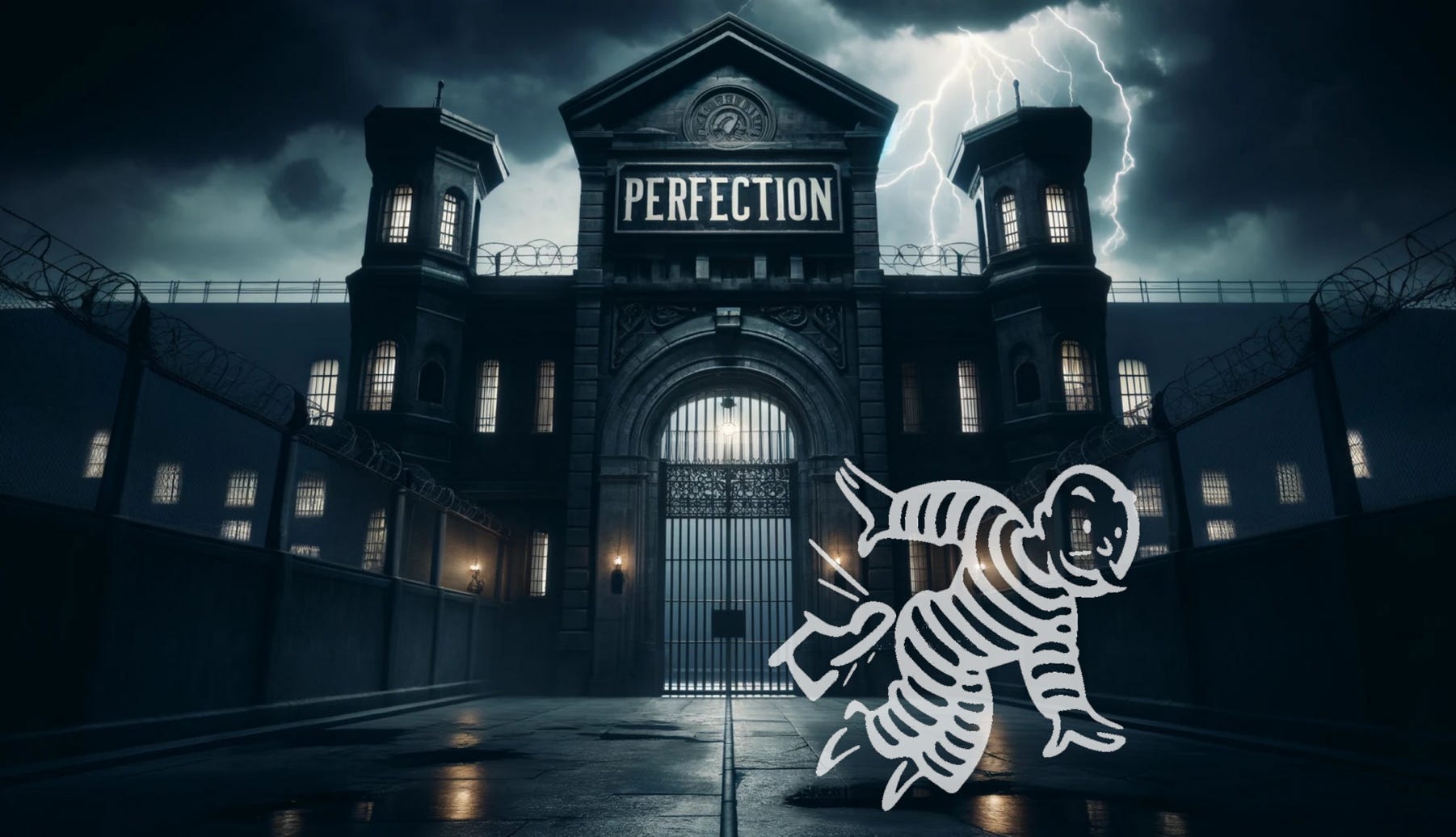 Getting kicked out of the prison of perfectionism.  The character from the game of Monopoly © Hasbro Inc., 1936, 1996.