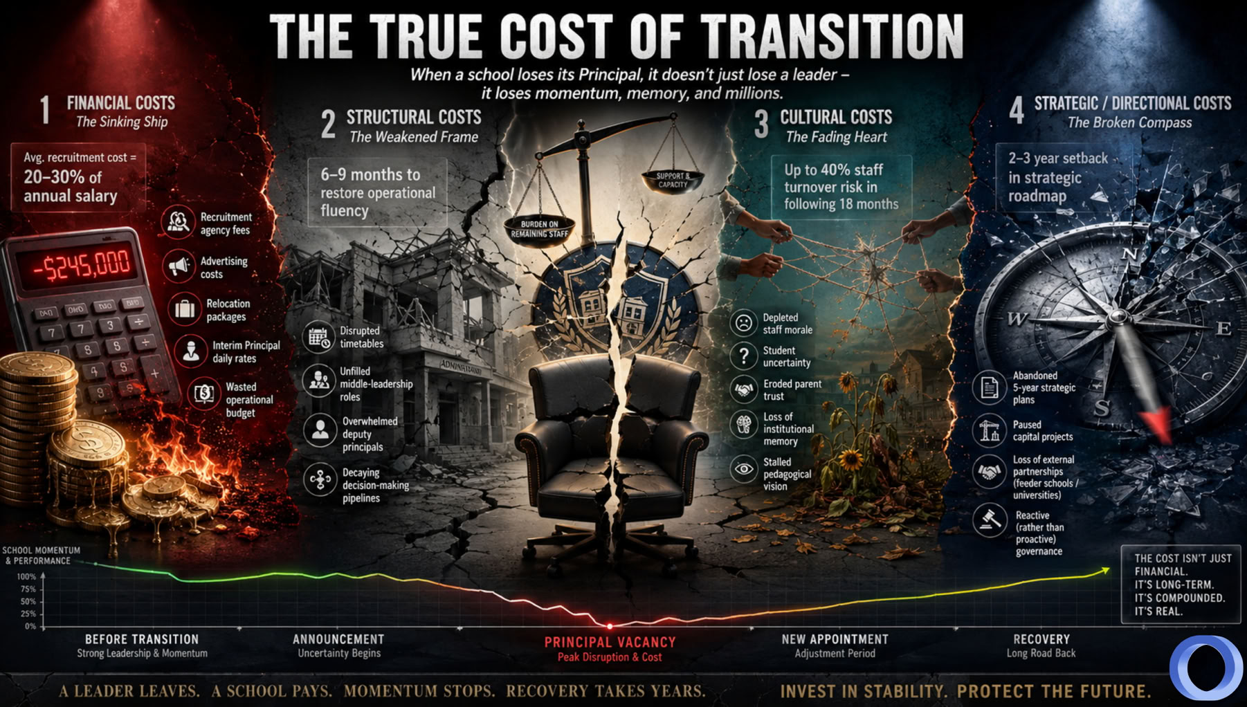 A diagram showing the financial, cultural, structural and strategic (directional) costs incurred by a school when it transitions to a new Principal