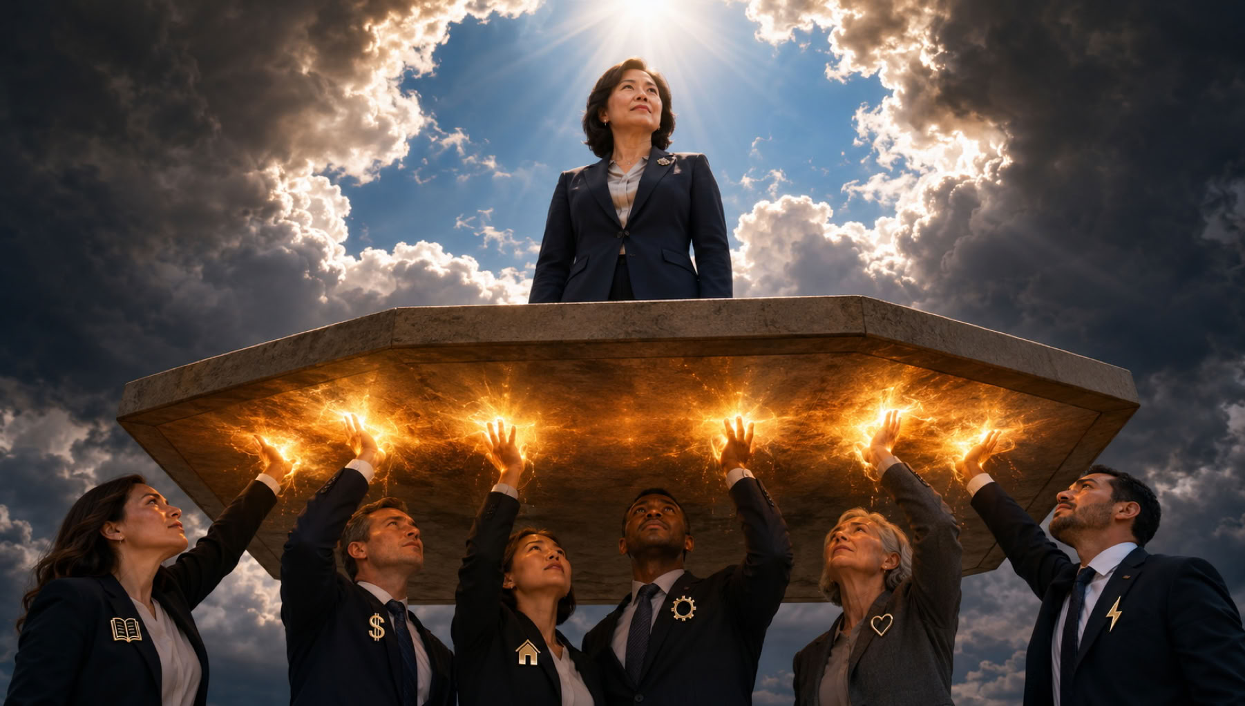 A photorealistic wide-angle low-angle shot looking upwards at a raised hexagonal stage platform. Centre stage stands a middle-aged East Asian female school Principal with a strong, confident visionary expression, wearing a modern navy tailored blazer and silk blouse, looking towards a bright horizon. Beneath the platform, six diverse board members (3 men, 3 women) in professional business attire stand in a circle, arms raised high with palms flat against the underside of the platform, straining with supportive effort. Brilliant ethereal golden-orange energy auras/glows emanate from their palms where they touch the platform, visually lifting it upwards. On their lapels, visible distinct metallic icons: a book, a dollar sign, a house, a gear, a heart, and a lightning bolt. The background sky above the platform is a dramatic chiaroscuro: a full ring of dark charcoal storm clouds circling the outer edges, breaking open directly above the Principal to reveal radiant cerulean blue sky and a blazing sun casting a warm, directional god-ray spotlight down onto her head and shoulders. Cinematic volumetric lighting, hyper-detailed skin texture, f/2.8 shallow depth of field focusing on the Principal, with subtle lens flare from the sun.