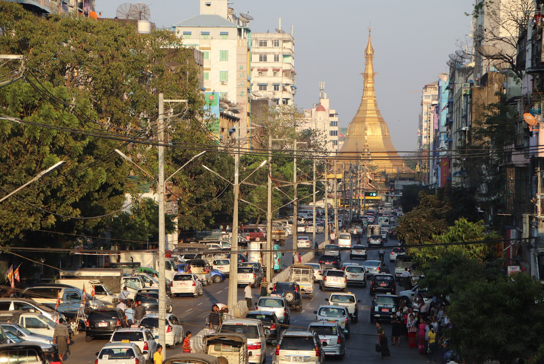 Maha Bandoola Road, Yangon, looking towards the Sule Pagoda, March 2020.