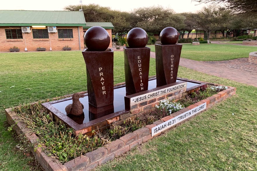 This monument at Eagle’s Nest Christian School, Polokwane, South Africa identifies the core values of (i) prayer (ii) education and (iii) outreach, drawing inspiration from Isaiah 40:31 which reads in part “those who hope in the Lord will renew their strength; they will soar on wings like eagles”.