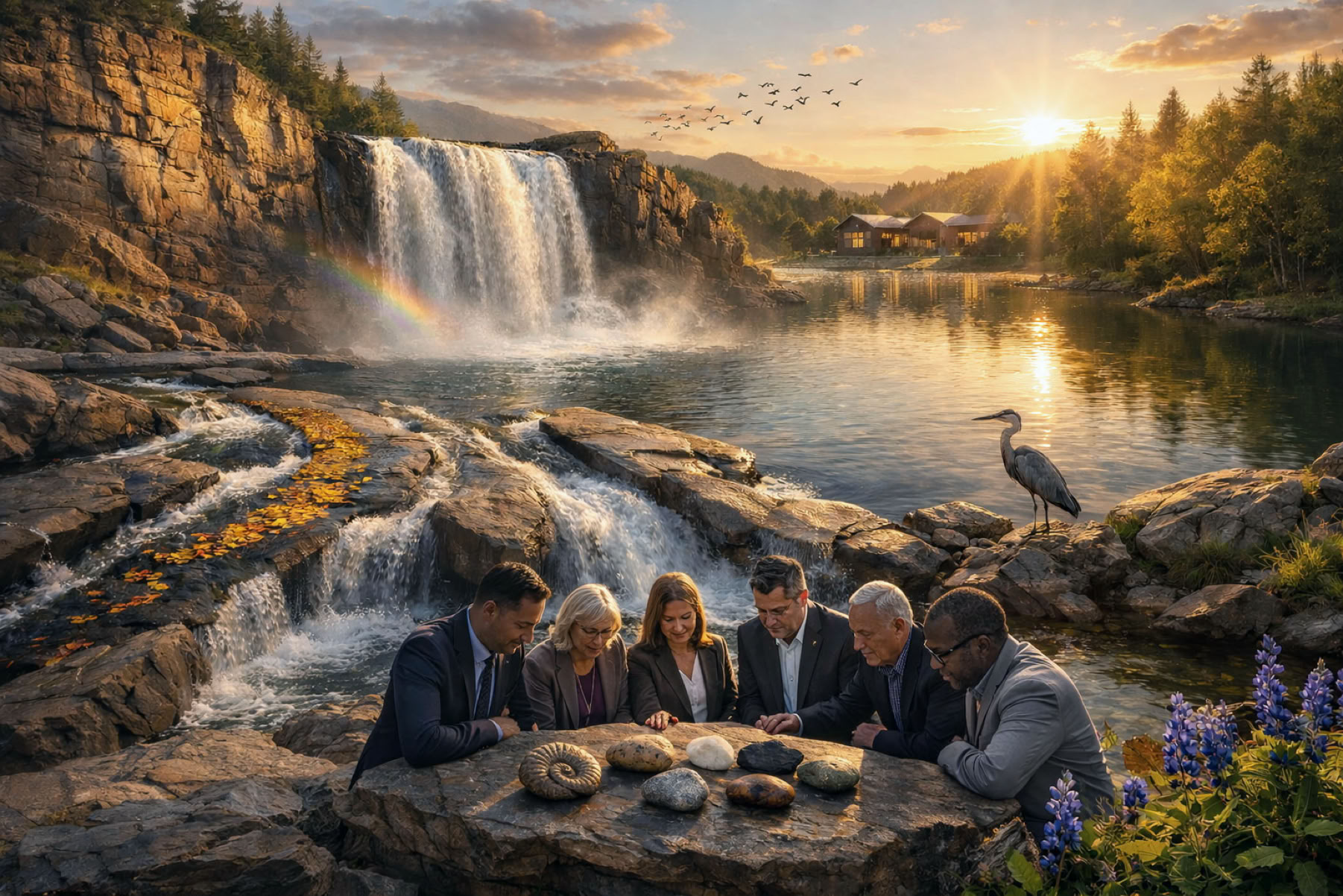 A school board’s creativity is not chaotic, but a structured, powerful force that cultivates a vibrant future. The landscape should feel real, awe-inspiring, and metaphorically rich. 1. OVERALL COMPOSITION & LIGHTING Format: Landscape (16:9 ratio), cinematic width. Time of Day: "Golden Hour" – late afternoon. The sun is low, casting long, defining shadows and bathing the scene in warm, hopeful light. This symbolizes clarity, insight, and the culmination of a day's work. Light Source: The sun is positioned slightly off-centre to the right, creating directional light that highlights textures and depth. Mood: Serene, powerful, orderly yet dynamic. The feeling should be one of guided potential. 2. THE PRIMARY LANDSCAPE: "THE BOARDROOM AS TERRAIN" Foreground (The Discussion): Beside a meeting of school board members, a wide, clear river splits into multiple, ordered channels as it flows toward the viewer. Each channel is distinct, carving its own path through smooth stone. The water is not chaotic; it is purposeful, reflecting the golden light. This represents the creative flow of discussion—diverging ideas that are still part of the same source and goal. Midground (The Decision-Making): The river channels converge into a single, powerful waterfall that cascades into a large, calm lake. The waterfall is the focal point—a decisive, energetic action. The mist at the base catches rainbows. This represents the moment of decision, where creative options synthesize into a clear, impactful outcome. Background (The Foundation & Vision): On the left, a solid, weathered cliff face with visible, stratified rock layers. On the right, a lush, vibrant forest with diverse tree species (oaks, pines, aspens). The cliff represents policy, precedent, and stability. The forest represents growth, diversity of thought, and the community. The Lake (The Impact): The calm lake in the midground perfectly reflects the sky and a distant school building (see below). Its surface is mostly still, with gentle ripples from the waterfall's influence. This represents the reflective, lasting impact of decisions on the school environment. 3. KEY SYMBOLIC ELEMENTS (Subtle & Integrated) The "School": To the left of the board members meeting, the school is nestled where the forest meets open field, is a modern, welcoming school building. Its windows glow with the same golden hour light. It is not dominant in size, but is the clear destination of the landscape's flow. The "Board Table": In the immediate foreground, slightly off-centre, the rock formation should subtly resemble a polished, natural stone table. On it, place 5-7 smooth, unique stones of different types (granite, quartz, slate) arranged as if in mid-conversation. One has a fossil visible (connecting to history/legacy). The board members are seen behind the table looking down towards the stones on the table. Wildlife: A great blue heron stands poised and watchful at the edge of the waterfall's pool (symbolizing wisdom and focus). A flock of birds (like starlings) flies in a gentle, coordinated pattern over the forest (symbolizing collaboration and big-picture thinking). The "Data Stream": Along one of the smaller river channels, have fallen autumn leaves floating, forming a gentle, curving line like a graph or chart. They are part of the natural scene, not an imposed graphic. 4. PHOTOREALISTIC STYLING & DETAIL Textures: Ultra-sharp detail on wet rocks, individual pine needles, water droplets in the mist, bark texture. Water: Render the water with perfect realism—translucent in the channels, turbulent and white at the falls, mirror-like in the lake. Atmosphere: Use subtle volumetric light (god rays) filtering through the trees on the right and light mist rising from the waterfall basin. Color Palette: Warm Golds & Ambers: On the cliff faces, tree trunks. Deep Greens & Blues: In the forest shadows and the deep pool. Vibrant Accents: The rainbow in the mist, a few bright wildflowers (like blue lupine) at the forest edge. The overall tone should be harmonious and natural, leaning toward the enhanced beauty of fine art photography. 5. FINAL ARTISTIC DIRECTION Viewpoint: Low angle, giving the landscape a monumental, majestic feel. Depth: Strong sense of depth leading the eye from the detailed foreground stones, along the river, to the impactful waterfall, and finally to the calm lake and school. Title for Inspiration: "Confluence of Thought" Goal for the Viewer: They should feel a sense of awe at the natural order, then slowly recognize the metaphor. The image should communicate that creative, divergent discussion (the channels), when channelled through good governance (the riverbanks), leads to powerful, beautiful, and reflective outcomes (the waterfall and lake) that nourish the future (the school, the forest).