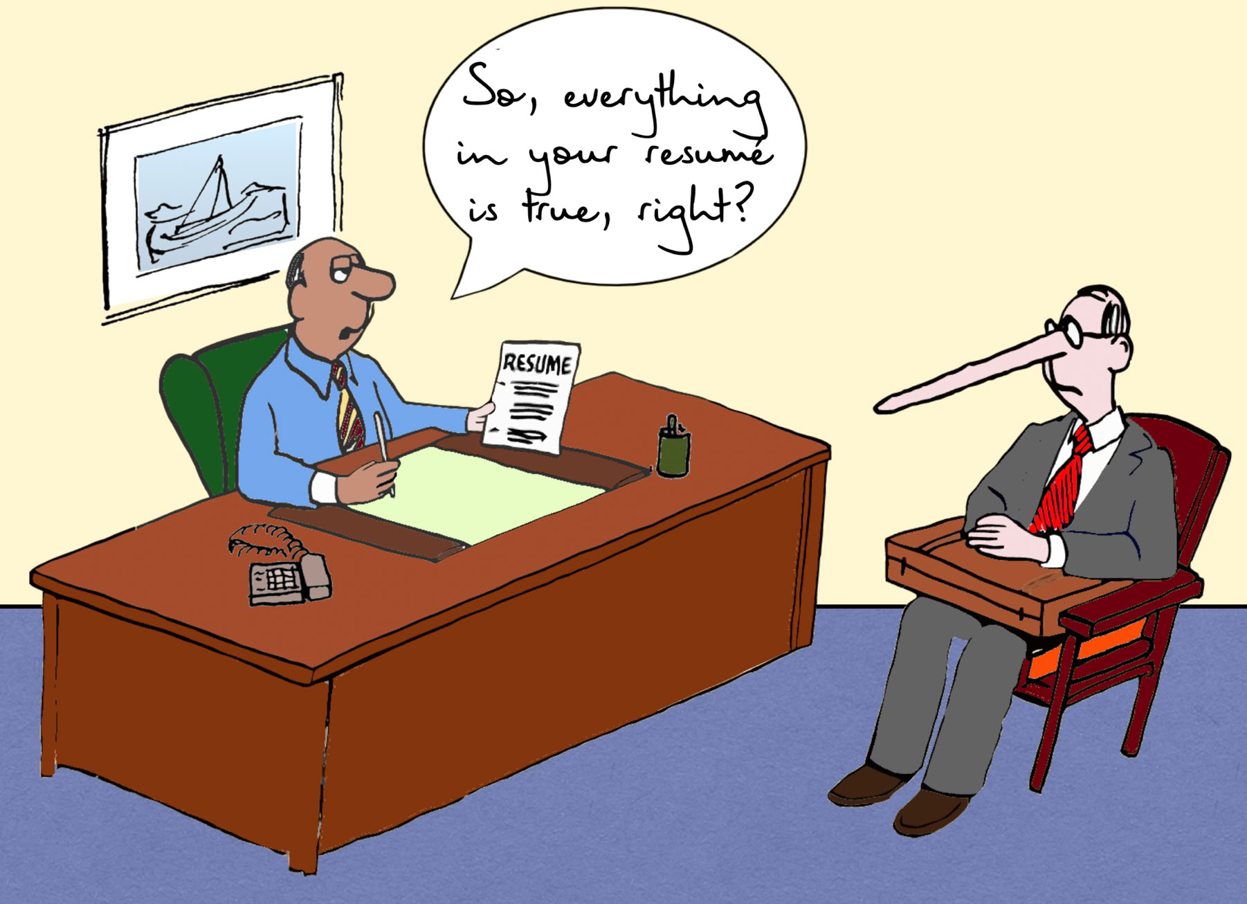 A cartoon showing a job applicant who can't hide the face that he has lied on his resumé,