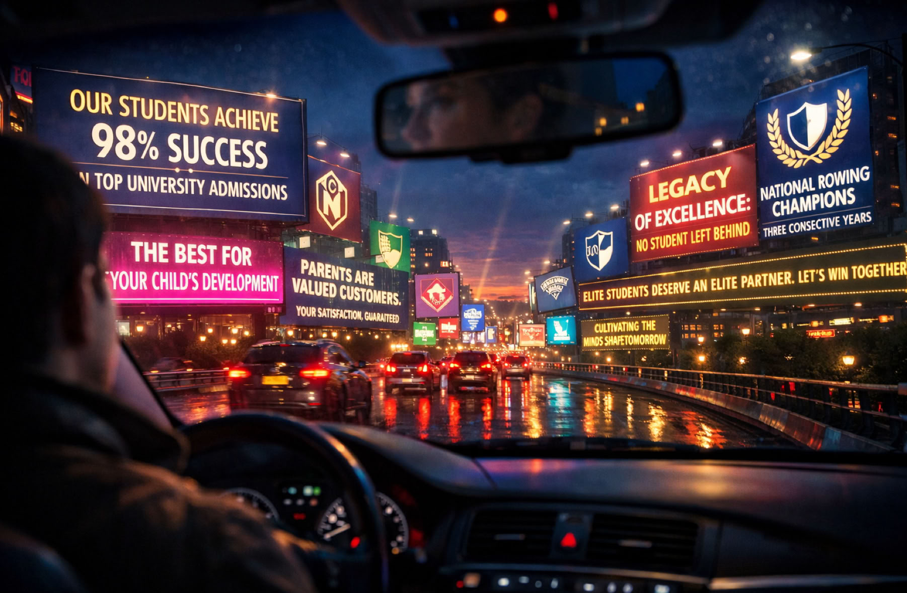 1. Core Composition & Perspective: • Format: Landscape (16:9 ratio or similar cinematic widescreen). • Perspective: First-person, from just behind the driver's shoulder. The driver's head and shoulders should be visible in the lower left or right quadrant of the frame, slightly out of focus to emphasize the scene ahead. The focus is on the world outside the windscreen. • Car Interior: Realistic, slightly upscale sedan or SUV interior. Soft, ambient dashboard lights glow faintly. The steering wheel, part of the dashboard, and the A-pillar frame the view. Use subtle depth-of-field to keep the interior details soft. 2. The Driver: • Gender neutral, suggested by a generic jacket shoulder and the back of a head. They should convey a posture of attentive driving, but with a slight tension—head subtly tilted upward as if scanning the signs. • Reflection: A faint, ghosted reflection of the driver's concentrated face should be visible in the windscreen, layered over the exterior scene, merging the observer with the observed. 3. The Road & Environment: • Time & Atmosphere: Dusk, during the "blue hour." The sky is a deep indigo, with the last orange glow of sunset on the horizon. This allows for: o Natural ambient light fading. o Powerful illumination from neon and LED billboards. o Wet asphalt after a recent rain, creating vibrant reflections of the neon colors (pinks, cyans, yellows, whites). • Road: A multi-lane urban expressway or approach road, curving gently. Headlight and taillight streaks blur slightly, indicating slow, heavy traffic. The road is slick, mirroring the neon glow. 4. The Overwhelming Advertisement Scene: • Density & Layout: The entire horizon and sides of the road are completely dominated by billboards, digital screens, and neon signs mounted on buildings and large pylons. They are layered, one behind another, creating a claustrophobic canyon of advertising. No natural skyline is visible. • Content – Logos: Every sign features a unique, sleek, abstract school logo. Think minimalist shields, stylized animals (lions, owls, eagles), rising arrows, or interlocked circles. Use a coordinated but varied color palette of deep blues, crimsons, golds, and dark greens to imply prestige. • Content – Promotional Messages: The text should be clear and legible in a variety of elegant, modern fonts. Integrate the following messages across different signs: o A large digital billboard: "OUR STUDENTS ACHIEVE 98% SUCCESS IN TOP UNIVERSITY ADMISSIONS." o A glowing neon sign: "THE BEST FOR YOUR CHILD'S DEVELOPMENT." o A backlit billboard: "PARENTS ARE VALUED CUSTOMERS. YOUR SATISFACTION, GUARANTEED." o A scrolling LED ribbon on a building: "ELITE STUDENTS DESERVE AN ELITE PARTNER. LET'S WIN TOGETHER." o A sleek sign with a victor's wreath logo: "NATIONAL ROWING CHAMPIONS – THREE CONSECUTIVE YEARS." o A bright, assertive billboard: "LEGACY OF EXCELLENCE: NO STUDENT LEFT BEHIND." o A more subtle, text-heavy sign: "WHERE TRADITION MEETS INNOVATION FOR FUTURE LEADERS." o *(Add 2-3 more variations like "A GRADUATE EVERY PARENT CAN BE PROUD OF" or "CULTIVATING THE MINDS THAT SHAPE TOMORROW.")* • Lighting: The signs are the primary light source, casting colored hues (especially cyan, magenta, and white) onto the road, the car's hood, and the driver's side profile. The glow should feel intense, almost oppressive. 5. Photorealistic Rendering Details: • Lens Effects: Subtle lens flare from the brightest neon elements. Very fine film grain. • Atmospheric Effects: A light mist or haze hangs in the air, catching the light from the signs and creating god rays. • Focus: Sharp focus is on the forest of signs and the road. The car's interior and the driver are in medium focus, with the A-pillar and rearview mirror slightly blurred. • Mood: The image should feel visually stunning but emotionally loaded—a beautiful yet overwhelming critique of hyper-competitive educational marketing. The viewer should feel the weight of expectation and scrutiny the driver/parent is under. Final Output: A high-resolution, photorealistic render that captures the tension between intimate human perspective and a saturated, impersonal commercial landscape.