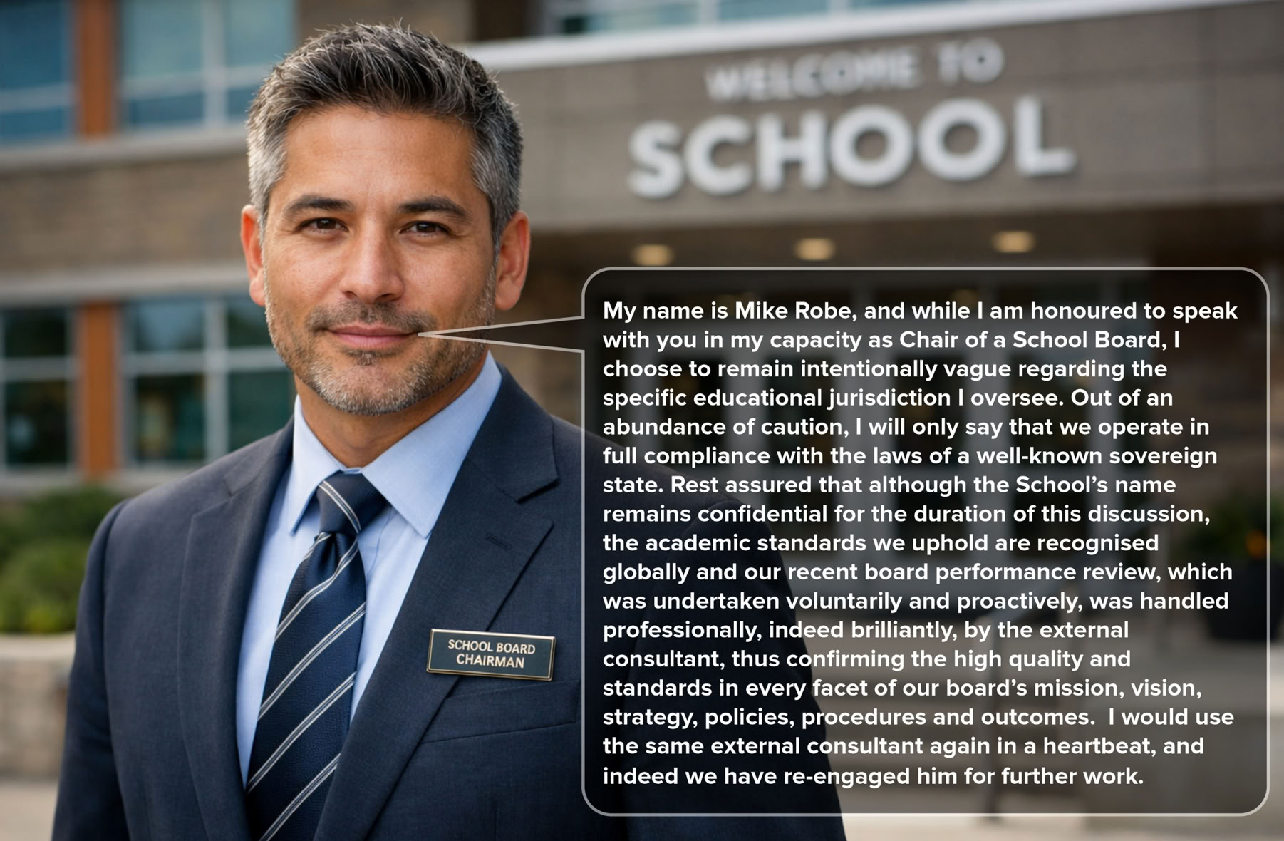 A photorealistic portrait of a well-dressed male school board chairman, professional attire, diverse and indeterminate racial/cultural origin, standing outside the front entrance of a modern school building in an affluent country, shot from above the waist with the subject positioned to the left of the frame, shallow depth of field with the school building background very slightly blurred to emphasize the sharp focus on the chairman, landscape format, high resolution, detailed facial features, professional demeanor, daytime, cinematic lighting, with fictional text wanting to keep the name of the school anonymous.